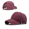 Washed burgundy ponytail baseball cap with a vintage cotton finish and adjustable strap - Burgundy