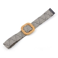 Women's woven PP straw belt with beige zigzag pattern and square wooden buckle - Square Wood Buckle / 903 Black and Beige