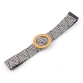 Women's woven straw belt featuring black and white herringbone pattern and round wood buckle - 904 Black & Beige (Round Buckle)