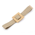 Beige elastic woven belt featuring a square wood-grain buckle and faux leather trim - 905 Khaki (Bamboo Square Buckle)
