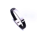 Detail of hand-woven black leather bracelet with blank silver stainless steel plate - Black