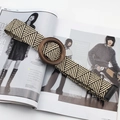 Bohemian elastic woven belt with geometric pattern and round wood buckle on magazine - Round Pinless Wood Buckle / Color Block
