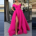 Rosarotes schulterfreies Abendkleid aus Satin mit V-Ausschnitt und hohem Beinschlitz - Fuchsia