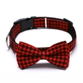 Detail of red and black buffalo plaid pet collar with bowknot and durable metal D-ring - S: Width 1.5cm / Red & Black Plaid