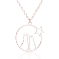 Collier en or rose avec pendentif circulaire aux silhouettes de chats et petite étoile - Or rose