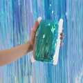 Close-up of cyan metallic fringe curtain roll for birthday party backdrop decoration - 1m*2m / Candy Blue