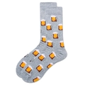 Detail of light grey cotton crew socks featuring orange pixelated beer mug patterns - Beer