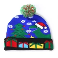 Blue LED Christmas beanie featuring green dinosaur motif and colorful gift patterns - One Size / Dinosaur