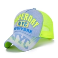 Blue denim trucker hat with neon green mesh back and yellow SUPERDAY NYC embroidery - Light Blue Denim / Neon Green (NYC Patch)