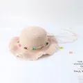 Beige straw sun hat for girls with wavy brim and colorful beads decoration - Pink - Colorful Beads Wavy Brim