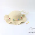 Beige woven straw hat with colorful beads and a wavy brim for children summer outdoor sun protection - Beige - Colorful Beads Wavy Brim
