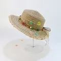 Kids summer straw sun hat with colorful beads, daisy flowers and decorative ribbon - Khaki - Daisy Bead Frayed Edge