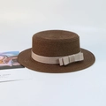 Deep brown straw boater hat for kids with wavy edge and beige ribbon bow detail - Coffee - Bowknot Flat Top