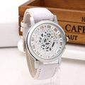 Fashion skeleton quartz watch with silver alloy case and white faux leather strap - Silver Face White Strap