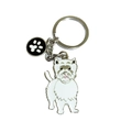 Metall-Schlüsselanhänger mit weißem Westie-Anhänger und schwarzem Pfoten-Charm auf weißem Grund - West Highland Terrier