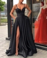 Elegant black satin slip evening gown with V-neckline, high slit, and side pockets - S / Dresses / Black