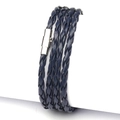 Men's blue braided leather multi-strand bracelet with silver magnetic metal clasp - Navy Blue