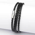 Black multi-layer woven leather bracelet for men featuring a polished silver magnetic clasp - Black