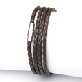 Close-up of dark brown multi-strand braided leather bracelet with silver magnetic clasp - Coffee