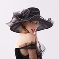 Elegant black organza sun hat for women featuring large brim and 3D floral decoration - Adjustable / Black with Black Edge
