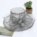 Elegant grey organza sun hat featuring large 3D floral decoration and pearl accents - Adjustable / Grey with Black Edge