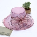 Elegant purple organza sun hat with large 3D flowers and pearl accents for women - Adjustable / Light Purple with Black Edge