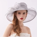 Elegant grey organza sun hat with vintage flower detail and pearl jewelry set - Adjustable / Solid Grey