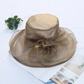 Champagne organza sun hat featuring an elegant large bow and delicate pearl accents - Adjustable / Solid Khaki