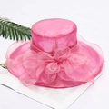 Elegant rose pink organza sun hat with oversized mesh bow and pearl details - Adjustable / Solid Rose Red
