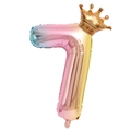 Detailed view of rainbow gradient number 7 balloon with golden crown for birthday parties - Number 7 With Crown