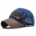 Cappellino da baseball in denim invecchiato blu navy con visiera marrone e ricamo - Blu navy