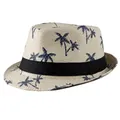 Straw fedora hat in natural beige with blue palm tree prints and black ribbon band - Adult Size (56-58cm) / Beige
