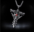 Detailed close-up of a silver hip-hop sword pendant with a red gemstone and snake - Silver Dragon Snake Sword Red Gem