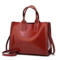 Structured burgundy leather tote bag with dual handles and detachable shoulder strap - Wine Red with White Stitching