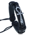 Braided black leather bracelet featuring a silver metallic Ankh cross pendant - Cross Model G / Ankh