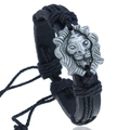 Braided black leather bracelet featuring a silver metal lion head charm for men and women - Lion Head