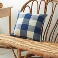 Blue and white plaid linen throw pillow cover on a rustic rattan bench - Navy Large Gingham