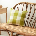 Green and white buffalo check linen throw pillow cover on a cozy rattan bench - Green Large Gingham