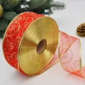 Red translucent Christmas ribbon with gold glitter spirals and metallic wire edges - 6.3cm Red