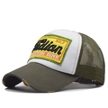 Olive green and white mesh trucker hat with vintage embroidery and worn edges - Adjustable / Olive Green/White