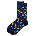 Navy blue crew socks featuring colorful embroidered hat patterns on premium cotton knit - Size 39-45 / Navy Blue With Hat Pattern (Colorful Hat)