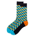 Macro detail of mid-calf socks with blue, black and orange geometric cube pattern - Size 39-45 / Blue Orange Geometric (Blue Orange Cube)
