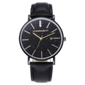 Men's business quartz watch with starry dial, calendar window and black leather strap - Black