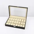 Uhrenbox aus schwarzem PU-Leder mit 24 Fächern, Glasfenster und cremefarbenem Futter - 24 Slots - Beige Interieur