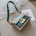 Green leather patchwork crossbody bag with gold chain strap and metal ring handle - Green