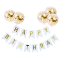 Minimalist Happy Birthday banner set with gold confetti balloons for party decoration - Gold Confetti Balloons With White Banner