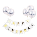 Happy Birthday banner set with gold lettering and blue sequin confetti balloons - Blue Confetti Balloons With White Banner