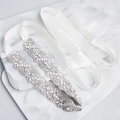 Set di cinture da sposa in raso bianco con strass di lusso e chiusura a gancetto - Argento con Zirconi Completi