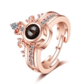Rose gold crown 2-in-1 projection ring with black stone and pavé crystal accents - Adjustable Open / Rose Gold