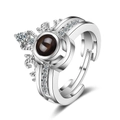 Silver crown 2-in-1 adjustable ring with clear zircons and dark projection stone - Adjustable Open / White Gold